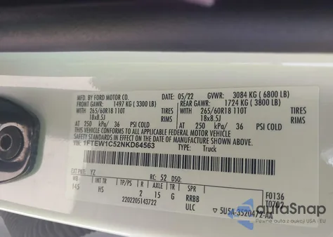 2022 Ford F-150 Lariat из США, поврежденный, VIN 1FTEW1C52NKD64563